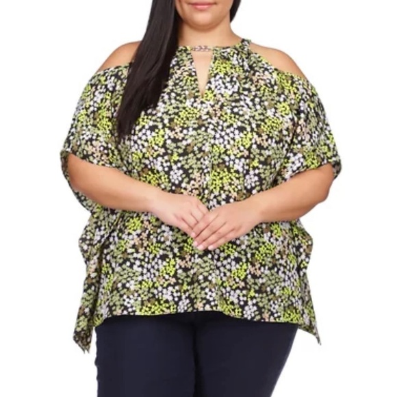 NWT MICHAEL Michael Kors Plus Size Cold Shoulder Handkerchief Hem Blouse - Picture 1 of 13